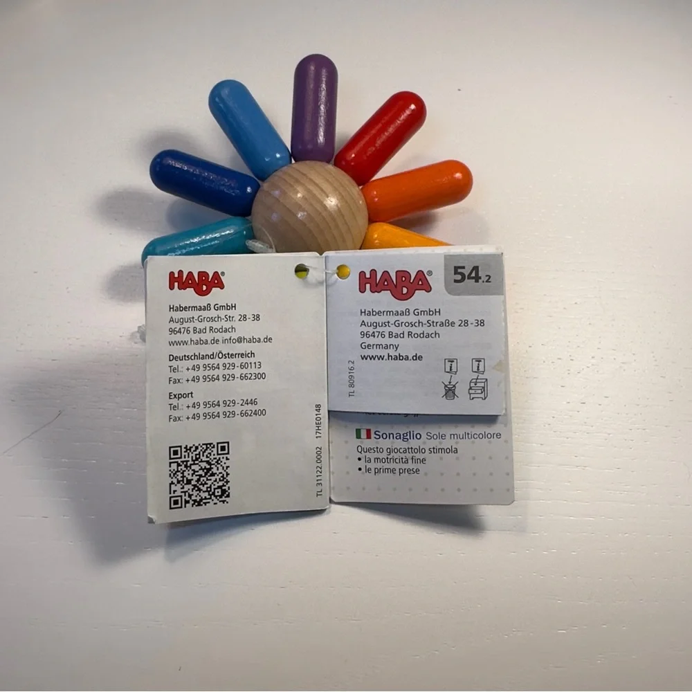 Haba - Rainbow Sun Wooden Clutching Toy Rattle & Teether 6 months and up